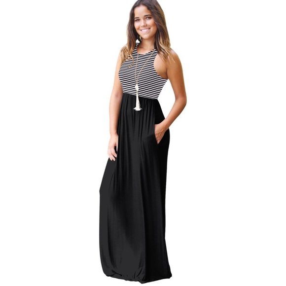 Sleeveless Black and Stripes Contrast Maxi Dress - Picture 2 of 3